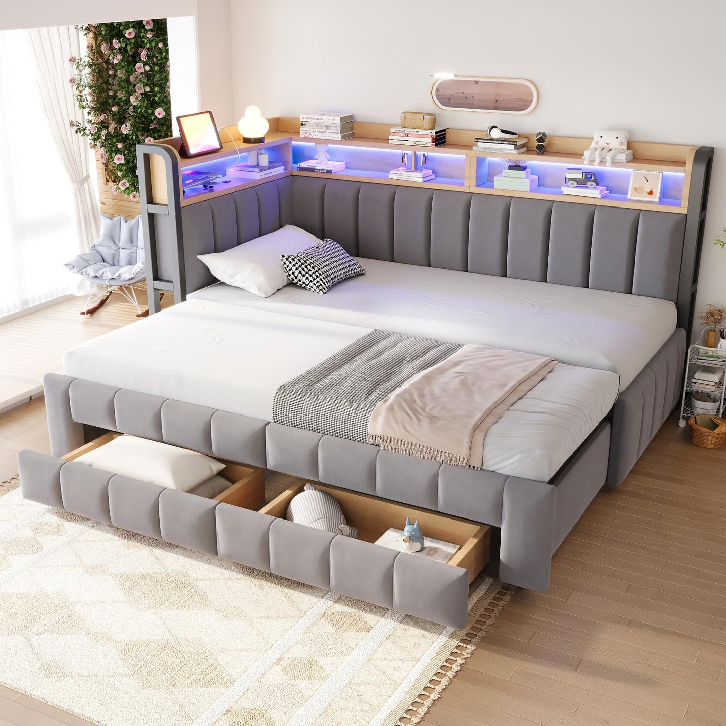 Schlafsofa mit Ausziehfunktion, Beige, 90/180×200 cm | LED-Beleuchtung, USB- und Typ-C-Anschlüssen, Multifunktional Stauraum(Ohne Matratze)