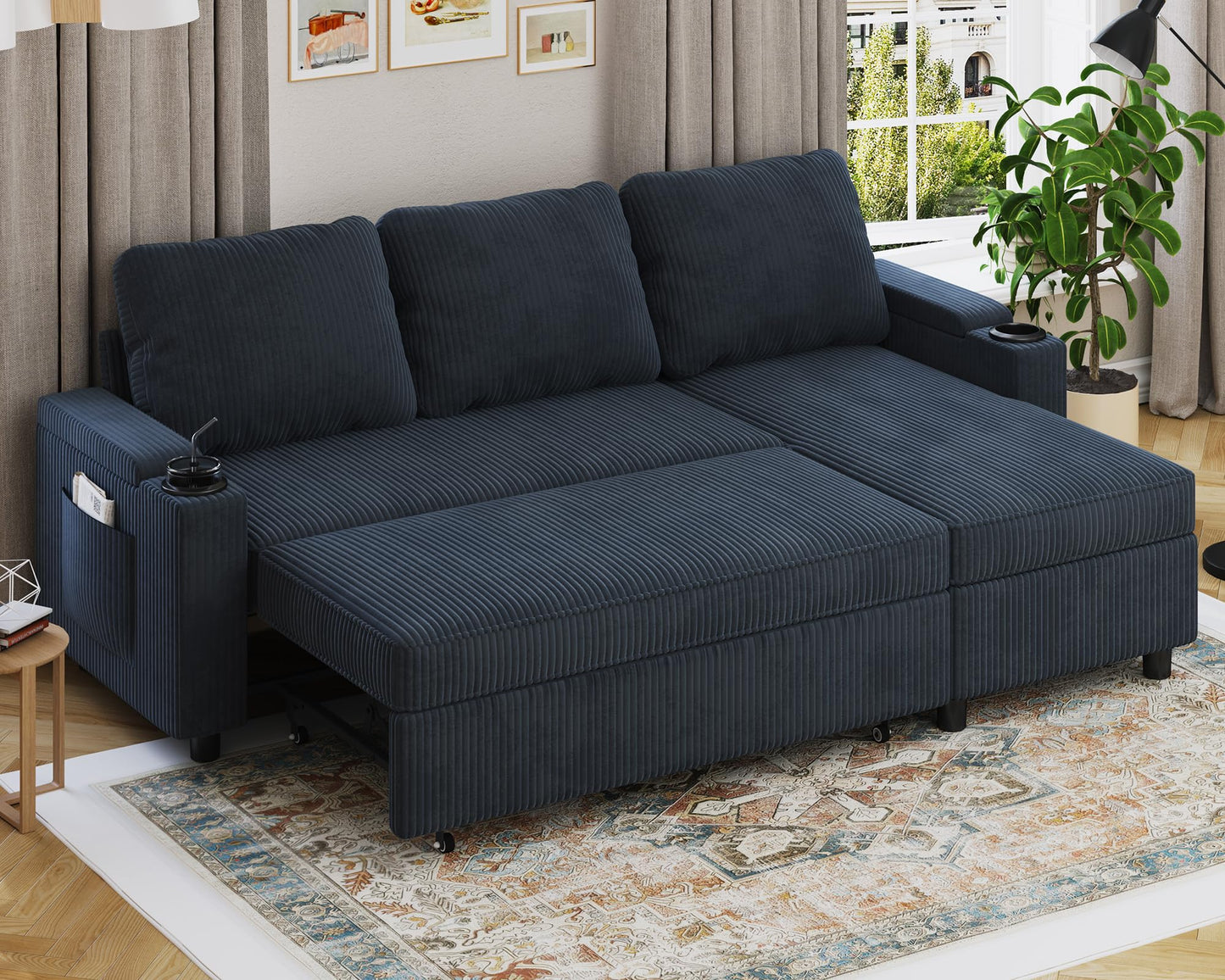 Devoko Ecksofa mit Schlaffunktion und Bettkasten L-Form Sofa 3-Sitzer Ausziehbares Schlafsofa Leinen Couch Kleines Schlafcouch für Wohnung und Wohnzimmer, Grau