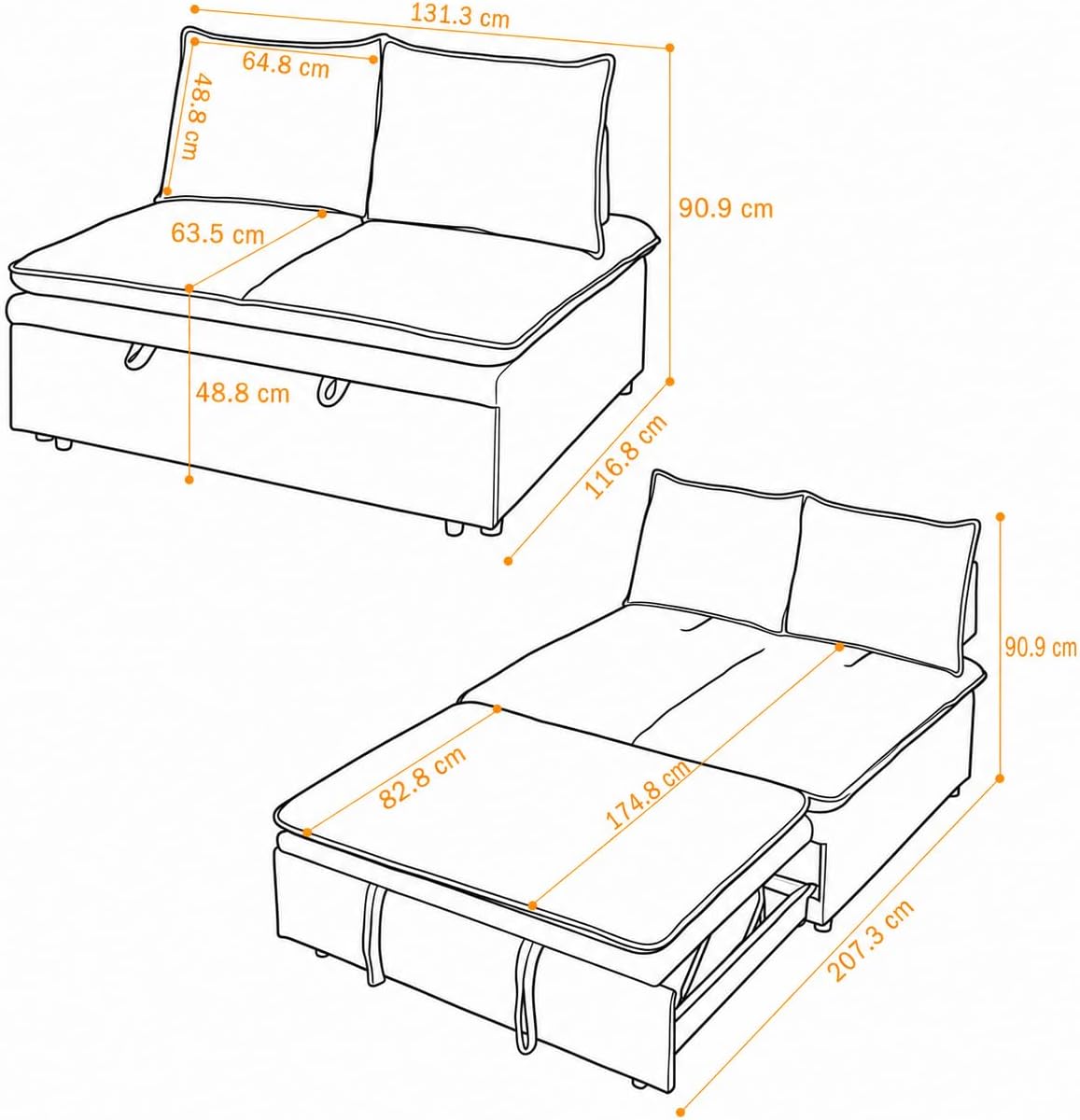 Schlafsofa klein, 3-in-1 Schlafcouch 2Sitzer mit Schlaffunktion ausziehbar | Convertible Ausziehbar Schlafsofa mit Bettfunktion, Sitztiefenverstellung, Leinenbezug und 131 x 175 cm Liegefläche