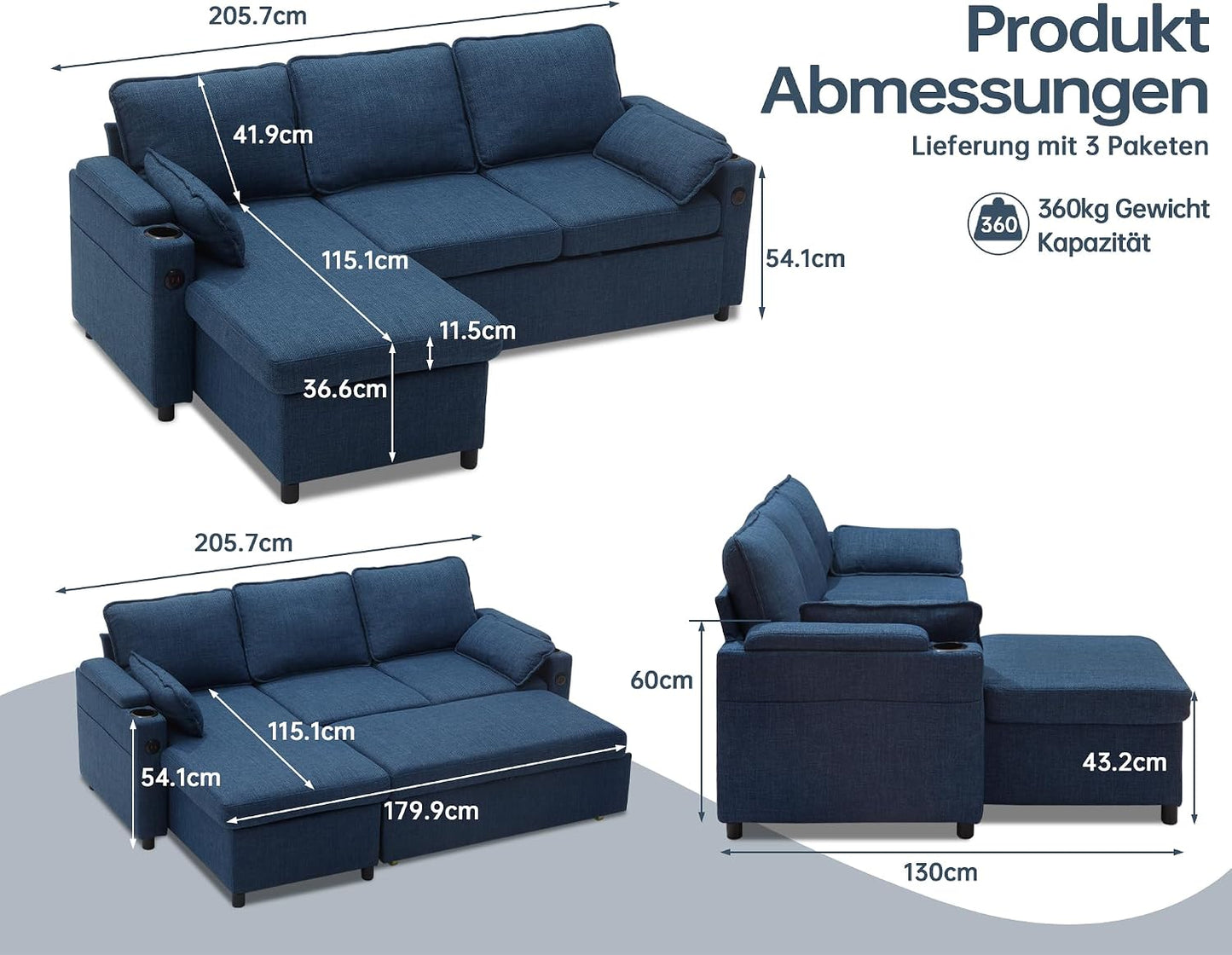 DURASPACE Schlafsofa Ausziehbarer 2 in 1 Sektional Schlafsofa Couches | Mit Lagerung, USB, Cup Holder, Pullout Sektional Couches für Wohnung Wohnzimmer (Blau)