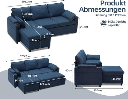 DURASPACE Schlafsofa Ausziehbarer 2 in 1 Sektional Schlafsofa Couches | Mit Lagerung, USB, Cup Holder, Pullout Sektional Couches für Wohnung Wohnzimmer (Blau)