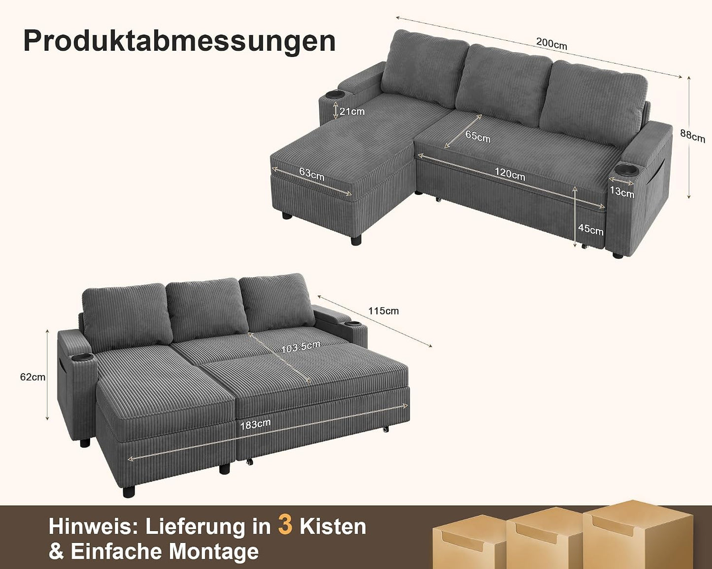 Devoko Ecksofa mit Schlaffunktion und Bettkasten L-Form Sofa 3-Sitzer Ausziehbares Schlafsofa Leinen Couch Kleines Schlafcouch für Wohnung und Wohnzimmer, Grau