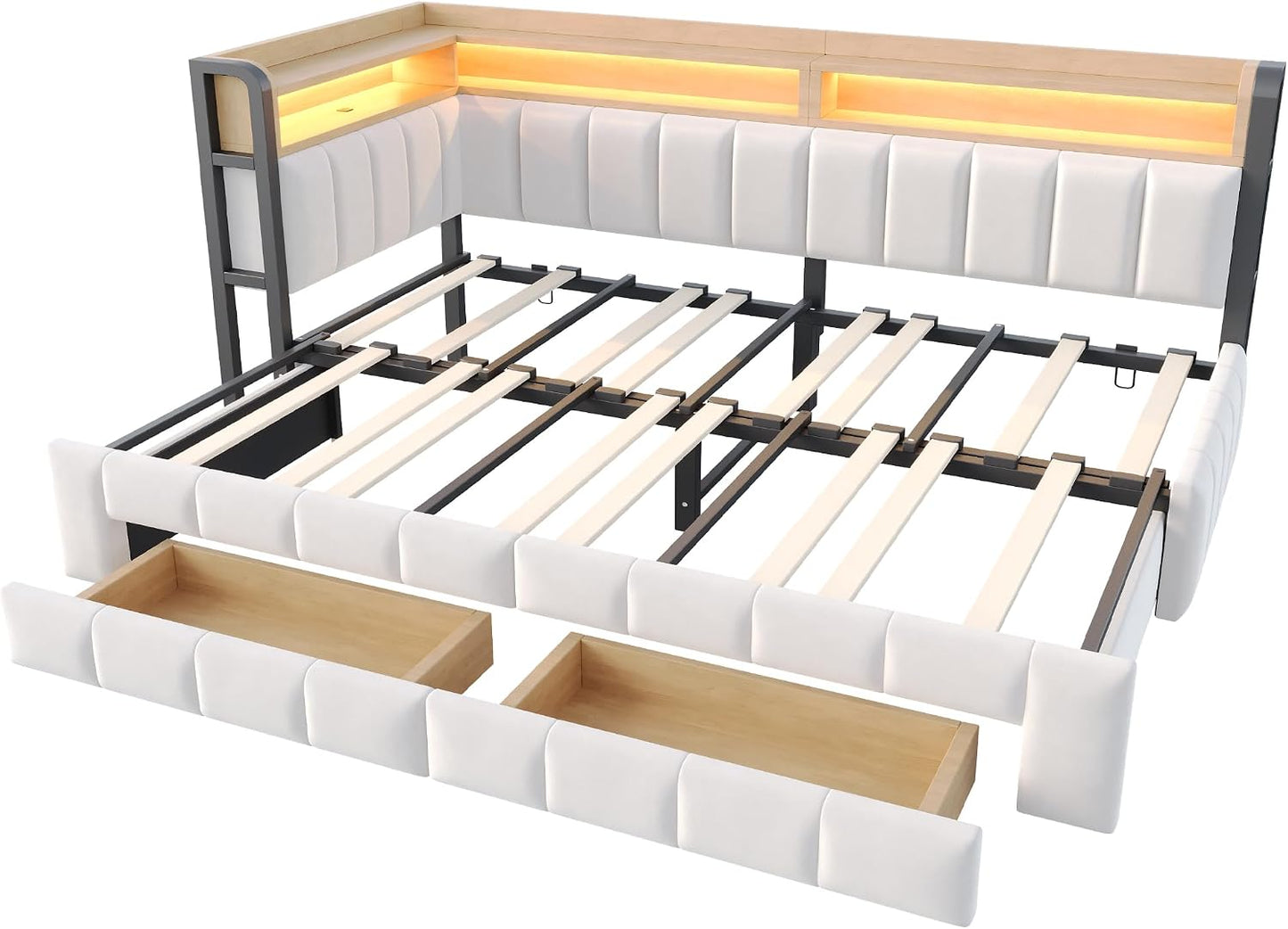 Schlafsofa mit Ausziehfunktion, Beige, 90/180×200 cm | LED-Beleuchtung, USB- und Typ-C-Anschlüssen, Multifunktional Stauraum(Ohne Matratze)