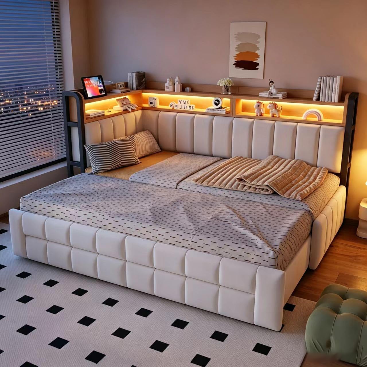 Schlafsofa mit Ausziehfunktion, Beige, 90/180×200 cm | LED-Beleuchtung, USB- und Typ-C-Anschlüssen, Multifunktional Stauraum(Ohne Matratze)
