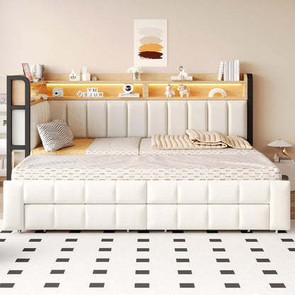 Schlafsofa mit Ausziehfunktion, Beige, 90/180×200 cm | LED-Beleuchtung, USB- und Typ-C-Anschlüssen, Multifunktional Stauraum(Ohne Matratze)