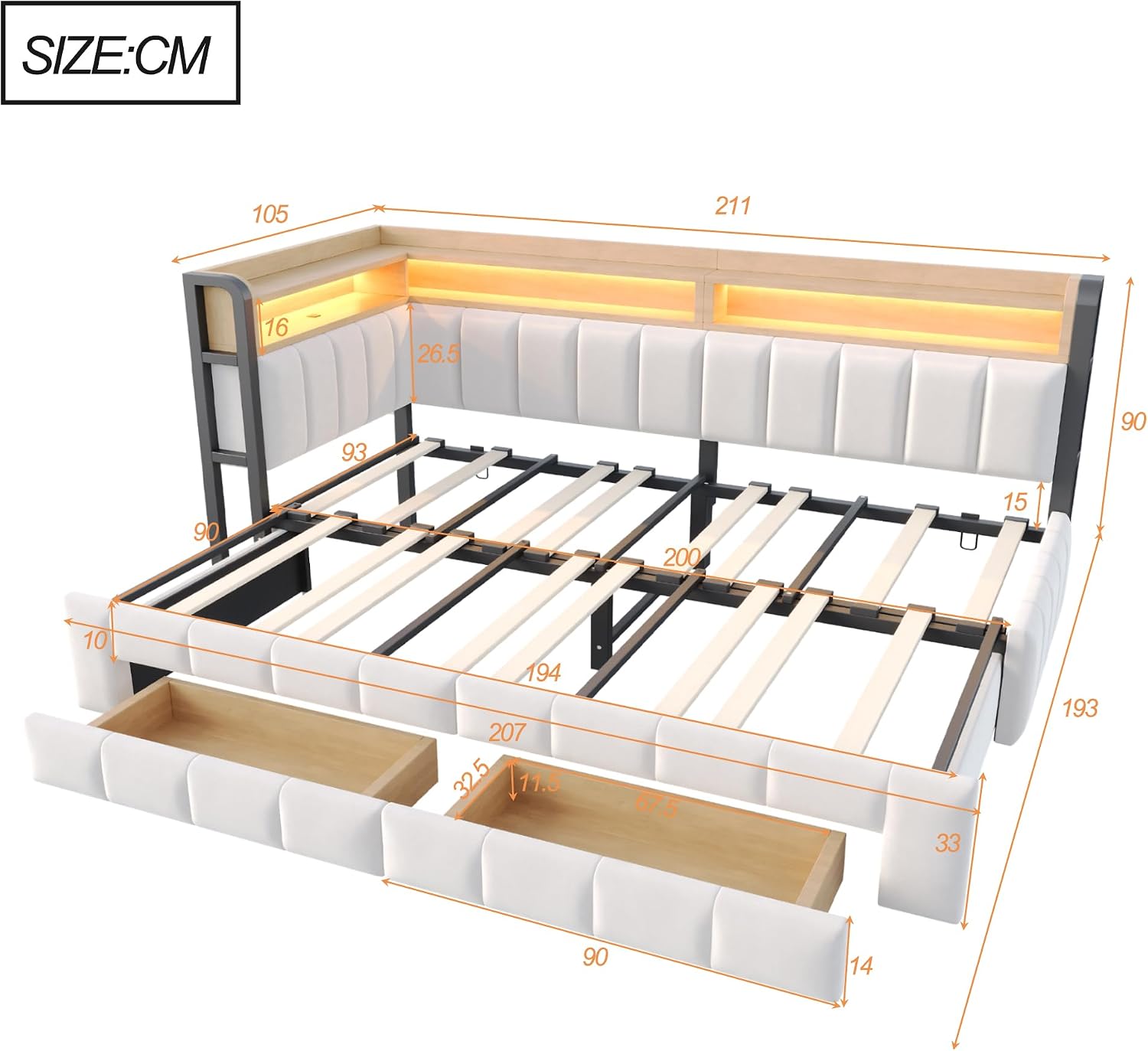 Schlafsofa mit Ausziehfunktion, Beige, 90/180×200 cm | LED-Beleuchtung, USB- und Typ-C-Anschlüssen, Multifunktional Stauraum(Ohne Matratze)