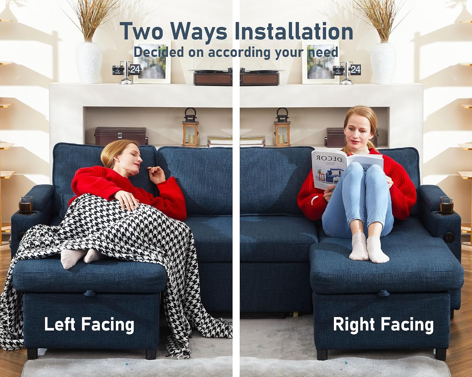 DURASPACE Schlafsofa Ausziehbarer 2 in 1 Sektional Schlafsofa Couches | Mit Lagerung, USB, Cup Holder, Pullout Sektional Couches für Wohnung Wohnzimmer (Blau)