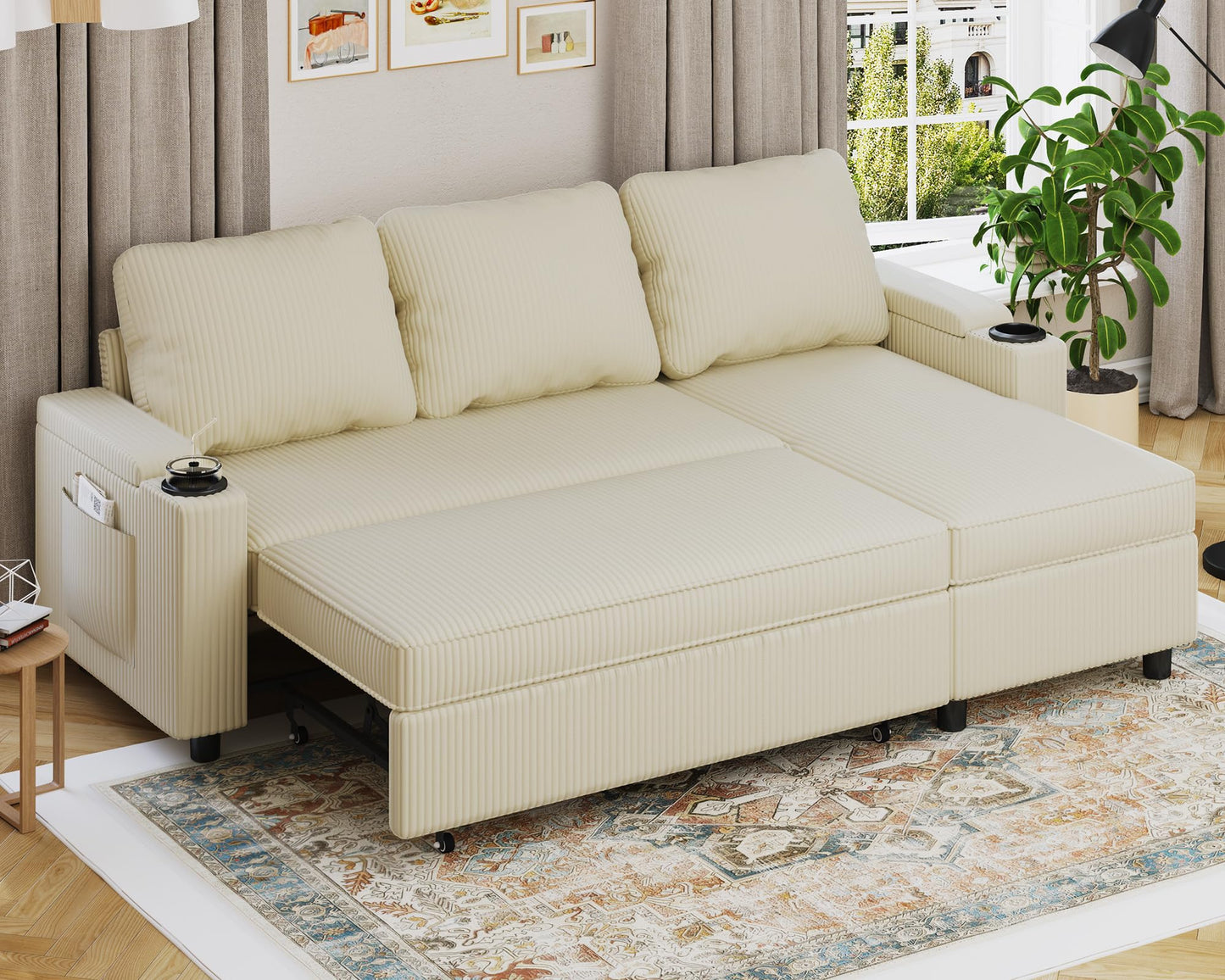 Devoko Ecksofa mit Schlaffunktion und Bettkasten L-Form Sofa 3-Sitzer Ausziehbares Schlafsofa Leinen Couch Kleines Schlafcouch für Wohnung und Wohnzimmer, Grau