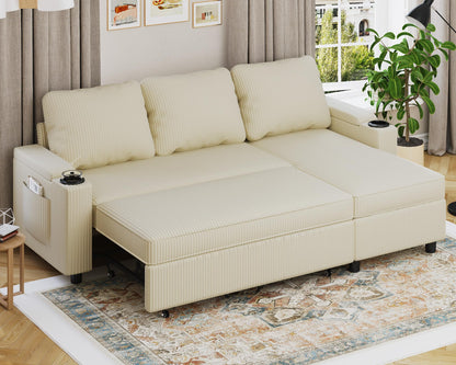 Devoko Ecksofa mit Schlaffunktion und Bettkasten L-Form Sofa 3-Sitzer Ausziehbares Schlafsofa Leinen Couch Kleines Schlafcouch für Wohnung und Wohnzimmer, Grau