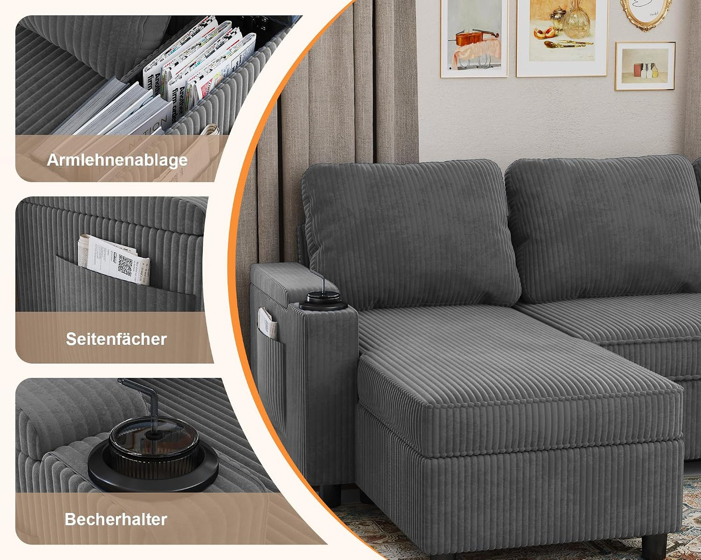 Devoko Ecksofa mit Schlaffunktion und Bettkasten L-Form Sofa 3-Sitzer Ausziehbares Schlafsofa Leinen Couch Kleines Schlafcouch für Wohnung und Wohnzimmer, Grau