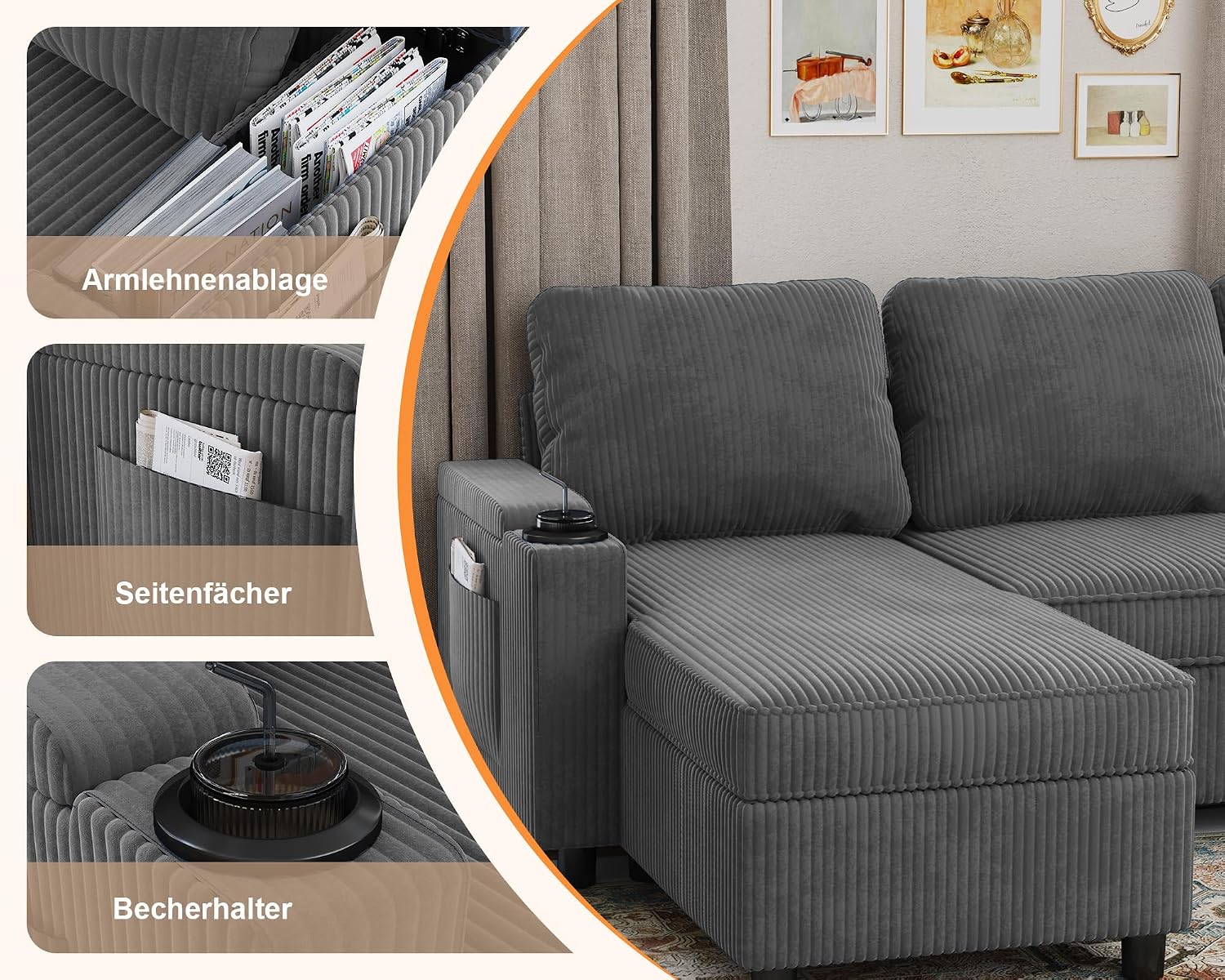 Devoko Ecksofa mit Schlaffunktion und Bettkasten L-Form Sofa 3-Sitzer Ausziehbares Schlafsofa Leinen Couch Kleines Schlafcouch für Wohnung und Wohnzimmer, Grau