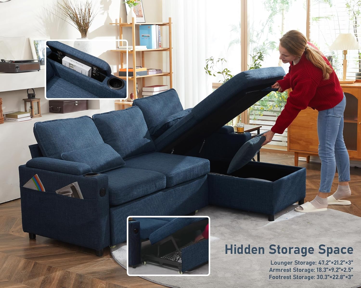DURASPACE Schlafsofa Ausziehbarer 2 in 1 Sektional Schlafsofa Couches | Mit Lagerung, USB, Cup Holder, Pullout Sektional Couches für Wohnung Wohnzimmer (Blau)