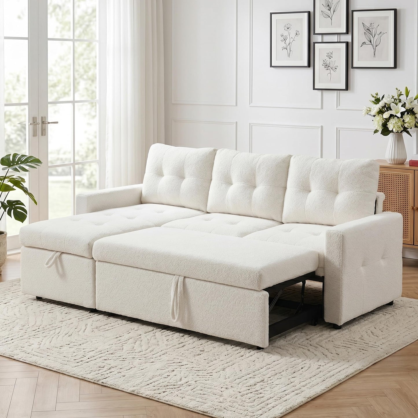 HIPIHOM 3-Sitzer-Sofabett, ausziehbares Schlafsofa mit Stauraum, Ecksofa, Gästebett für kleine Räume, Wohnzimmer, Teddy-Fleece (Dunkelgrün)