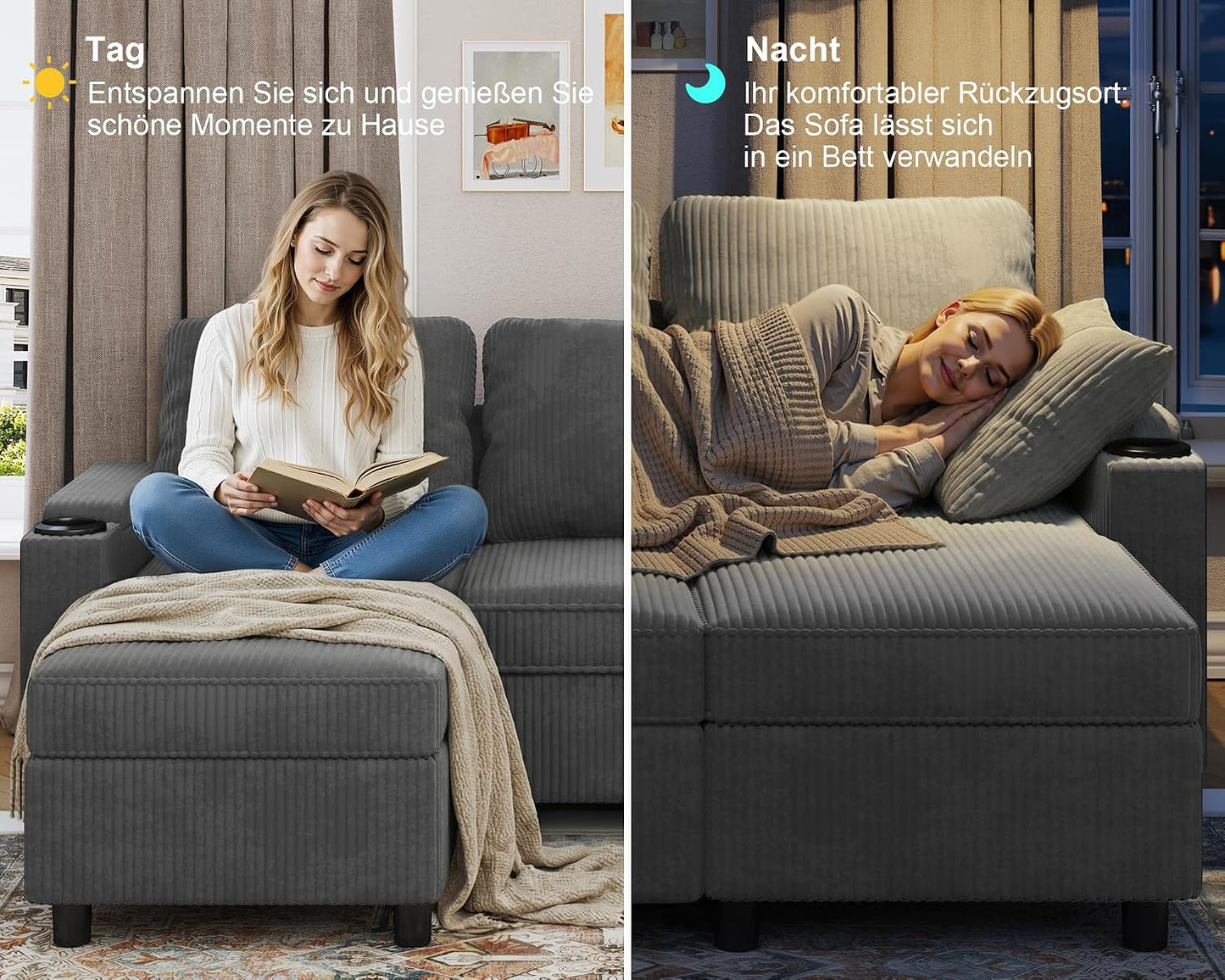 Devoko Ecksofa mit Schlaffunktion und Bettkasten L-Form Sofa 3-Sitzer Ausziehbares Schlafsofa Leinen Couch Kleines Schlafcouch für Wohnung und Wohnzimmer, Grau