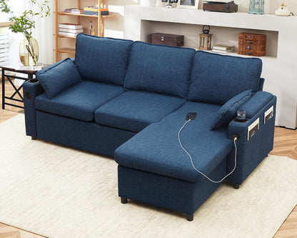 DURASPACE Schlafsofa Ausziehbarer 2 in 1 Sektional Schlafsofa Couches | Mit Lagerung, USB, Cup Holder, Pullout Sektional Couches für Wohnung Wohnzimmer (Blau)
