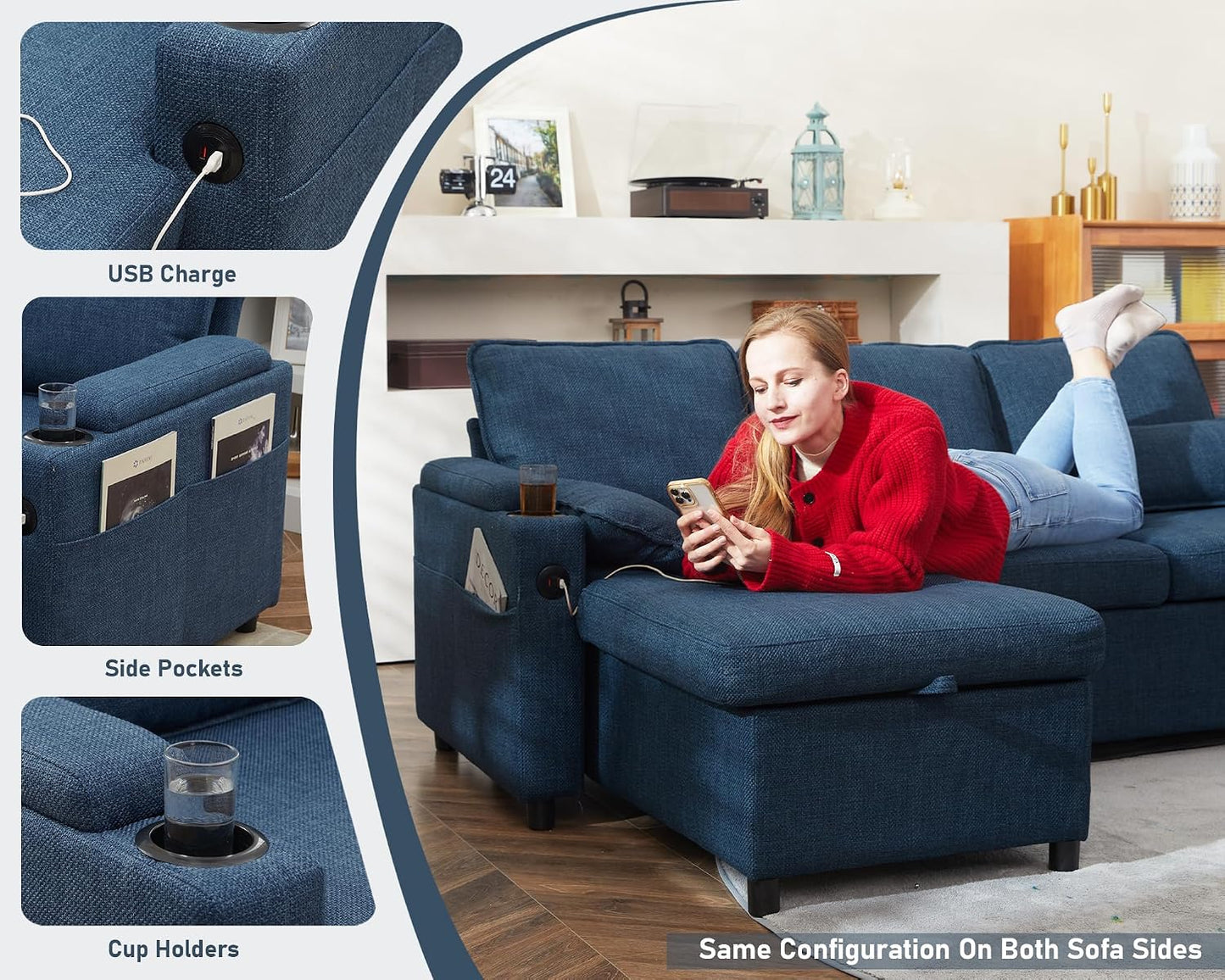 DURASPACE Schlafsofa Ausziehbarer 2 in 1 Sektional Schlafsofa Couches | Mit Lagerung, USB, Cup Holder, Pullout Sektional Couches für Wohnung Wohnzimmer (Blau)