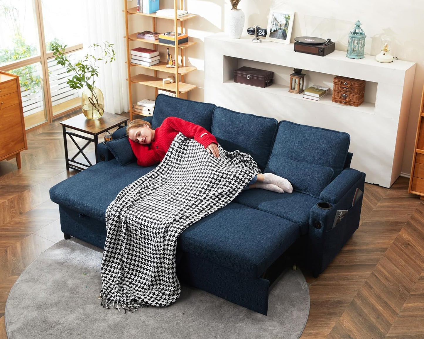 DURASPACE Schlafsofa Ausziehbarer 2 in 1 Sektional Schlafsofa Couches | Mit Lagerung, USB, Cup Holder, Pullout Sektional Couches für Wohnung Wohnzimmer (Blau)