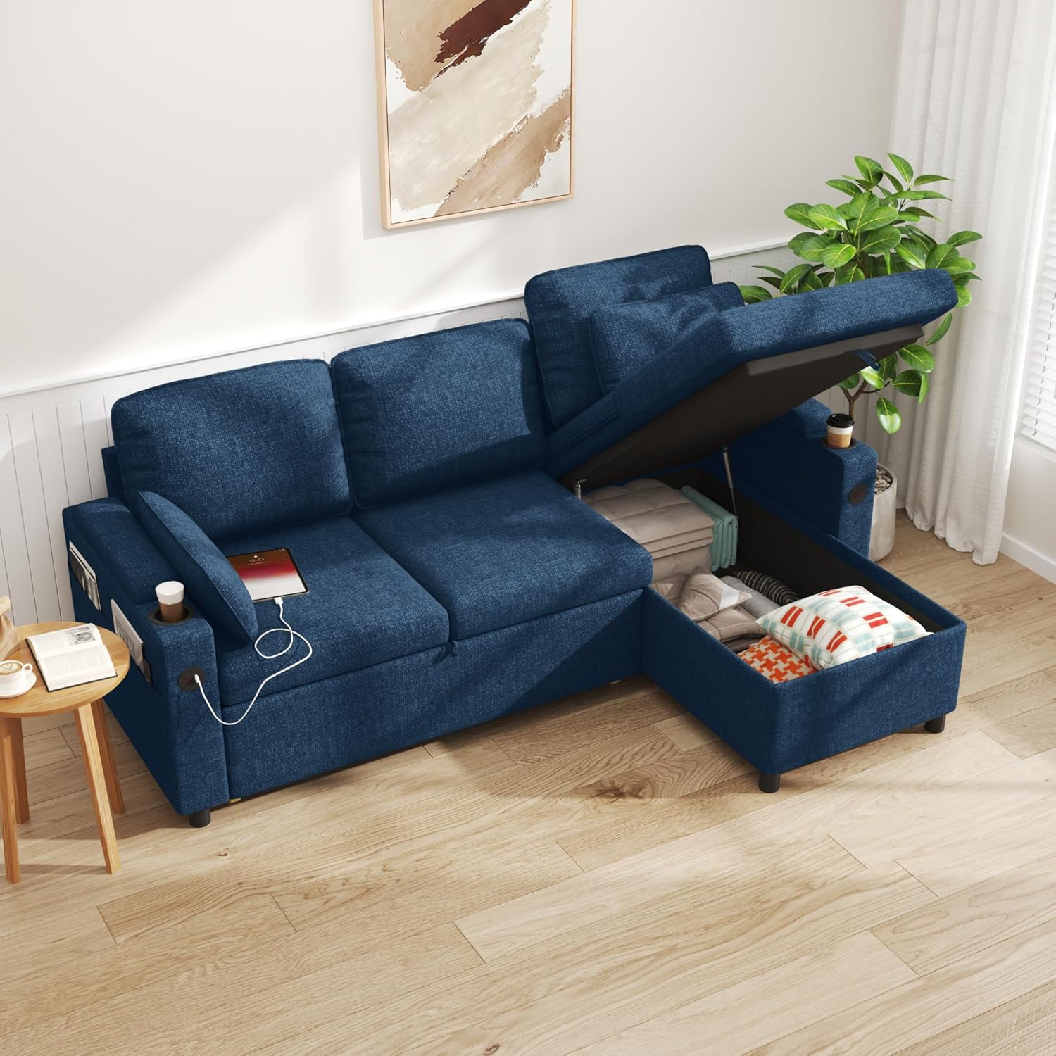 DURASPACE Schlafsofa Ausziehbarer 2 in 1 Sektional Schlafsofa Couches | Mit Lagerung, USB, Cup Holder, Pullout Sektional Couches für Wohnung Wohnzimmer (Blau)