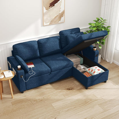DURASPACE Schlafsofa Ausziehbarer 2 in 1 Sektional Schlafsofa Couches | Mit Lagerung, USB, Cup Holder, Pullout Sektional Couches für Wohnung Wohnzimmer (Blau)