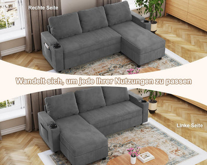 Devoko Ecksofa mit Schlaffunktion und Bettkasten L-Form Sofa 3-Sitzer Ausziehbares Schlafsofa Leinen Couch Kleines Schlafcouch für Wohnung und Wohnzimmer, Grau