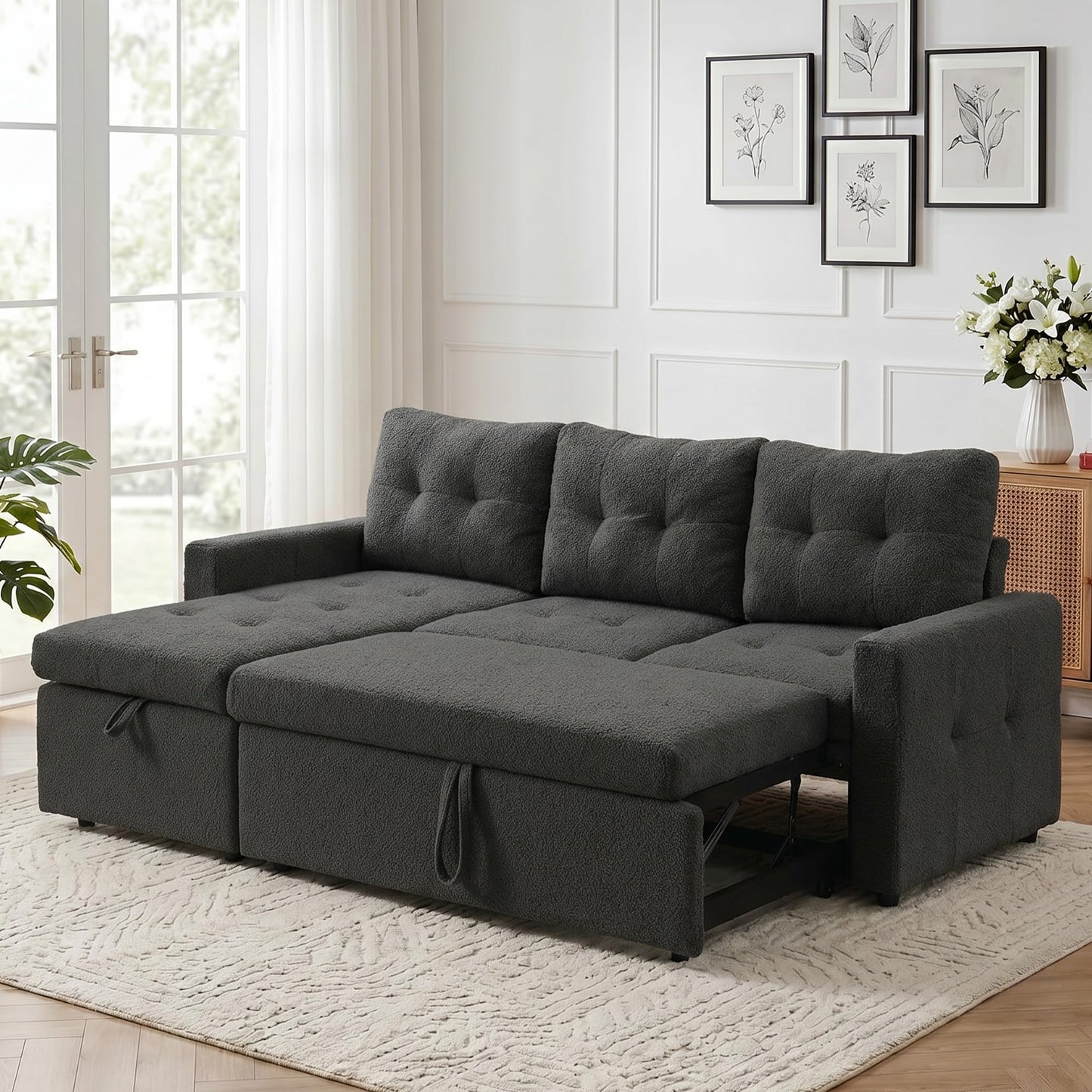 HIPIHOM 3-Sitzer-Sofabett, ausziehbares Schlafsofa mit Stauraum, Ecksofa, Gästebett für kleine Räume, Wohnzimmer, Teddy-Fleece (Dunkelgrün)