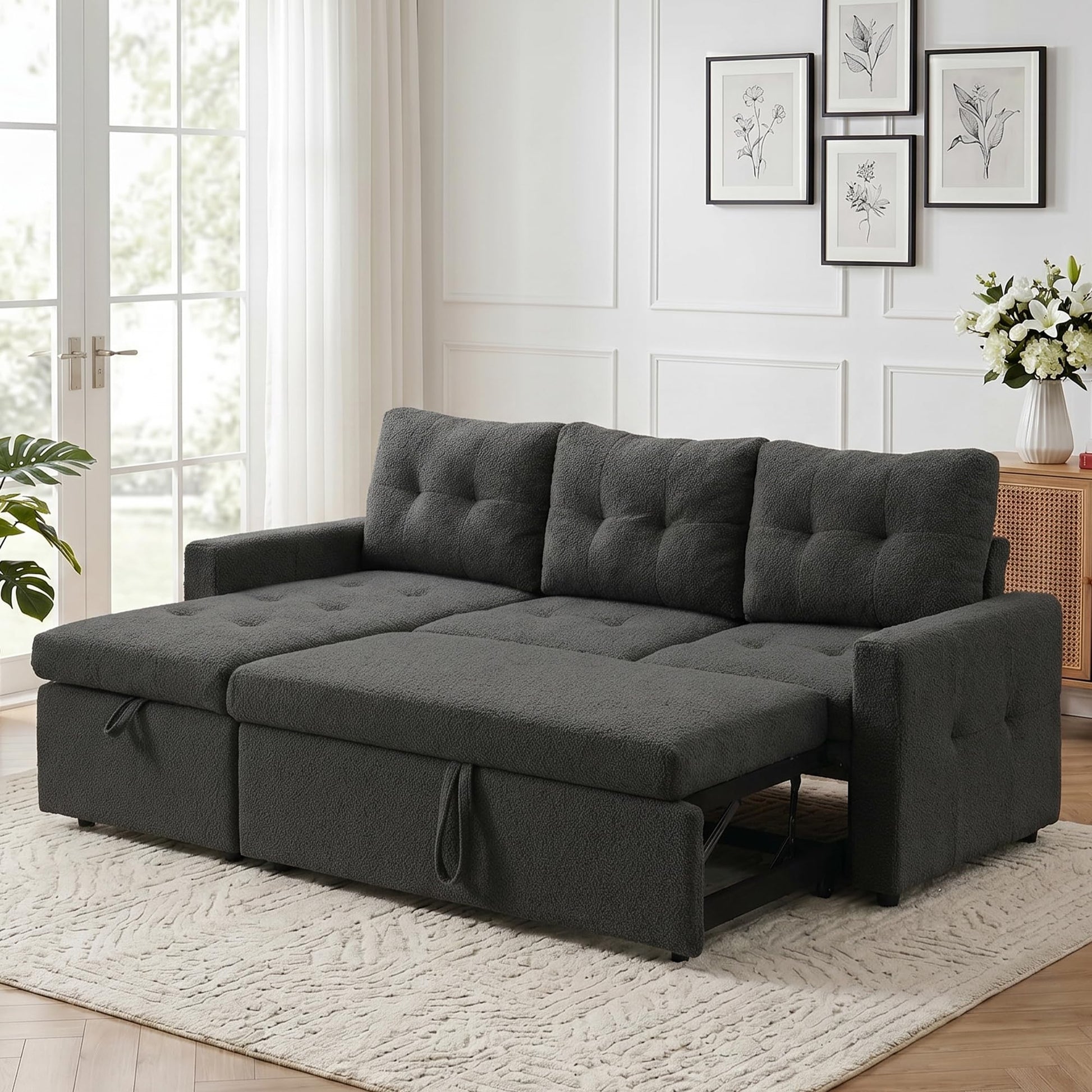 HIPIHOM 3-Sitzer-Sofabett, ausziehbares Schlafsofa mit Stauraum, Ecksofa, Gästebett für kleine Räume, Wohnzimmer, Teddy-Fleece (Dunkelgrün)
