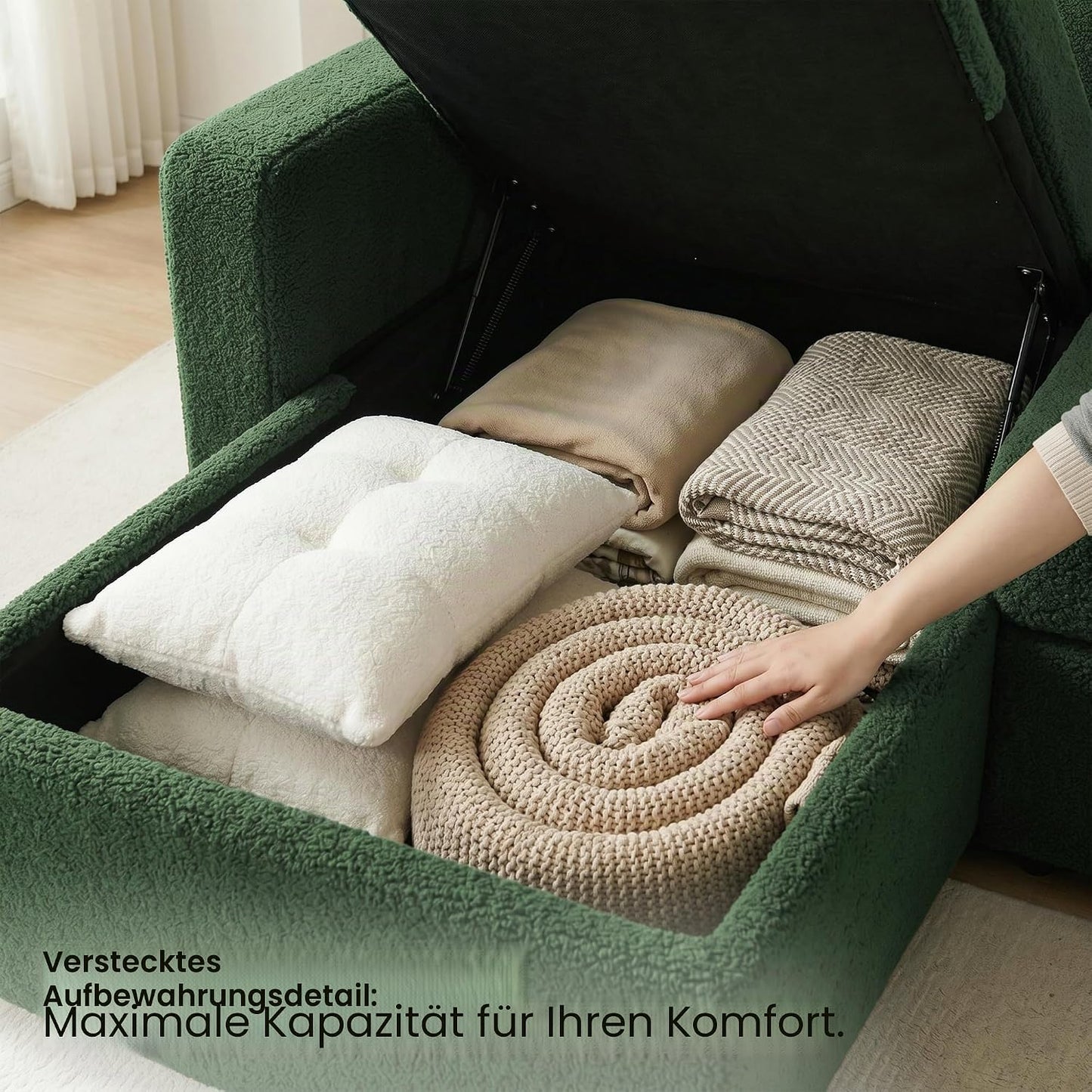 HIPIHOM 3-Sitzer-Sofabett, ausziehbares Schlafsofa mit Stauraum, Ecksofa, Gästebett für kleine Räume, Wohnzimmer, Teddy-Fleece (Dunkelgrün)
