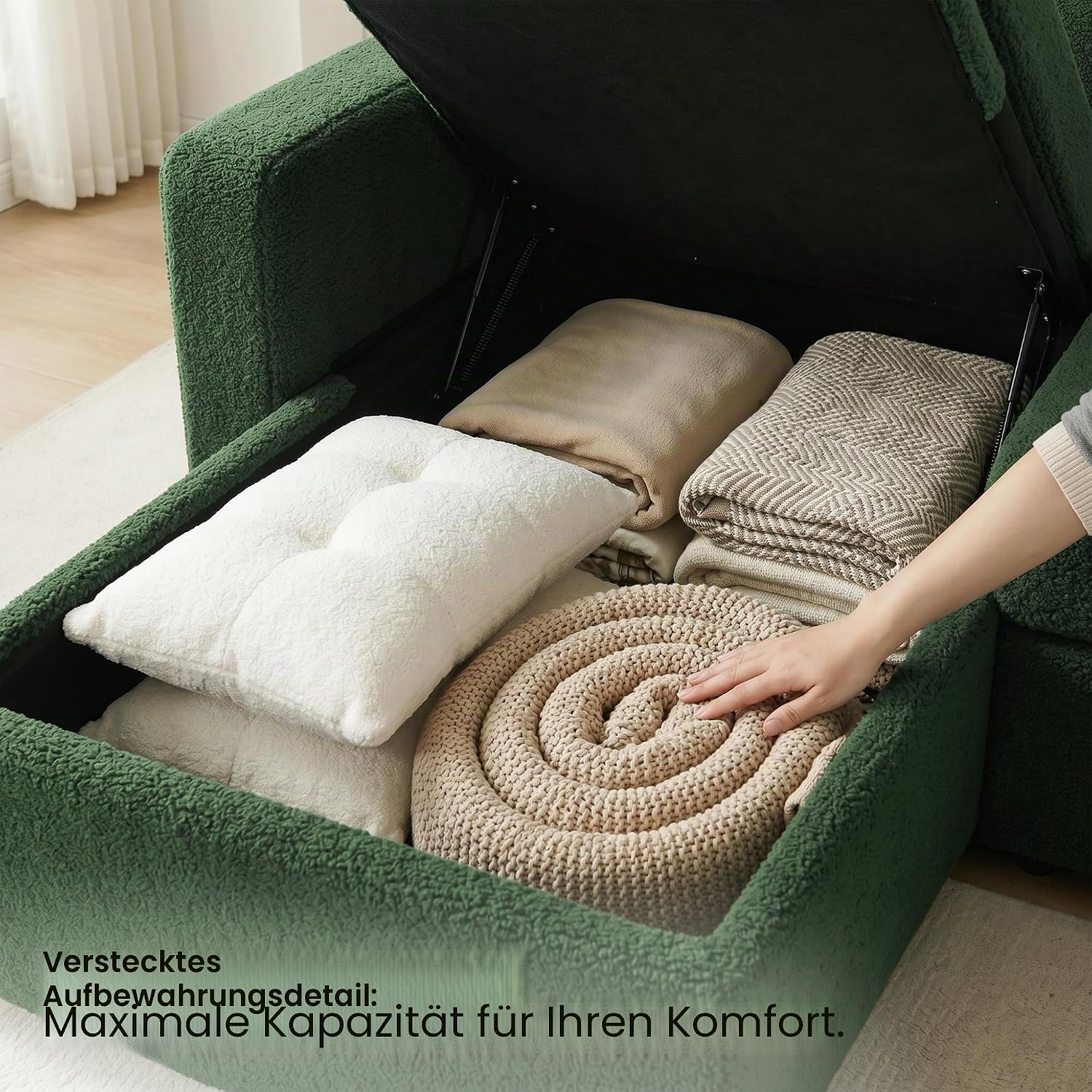 HIPIHOM 3-Sitzer-Sofabett, ausziehbares Schlafsofa mit Stauraum, Ecksofa, Gästebett für kleine Räume, Wohnzimmer, Teddy-Fleece (Dunkelgrün)