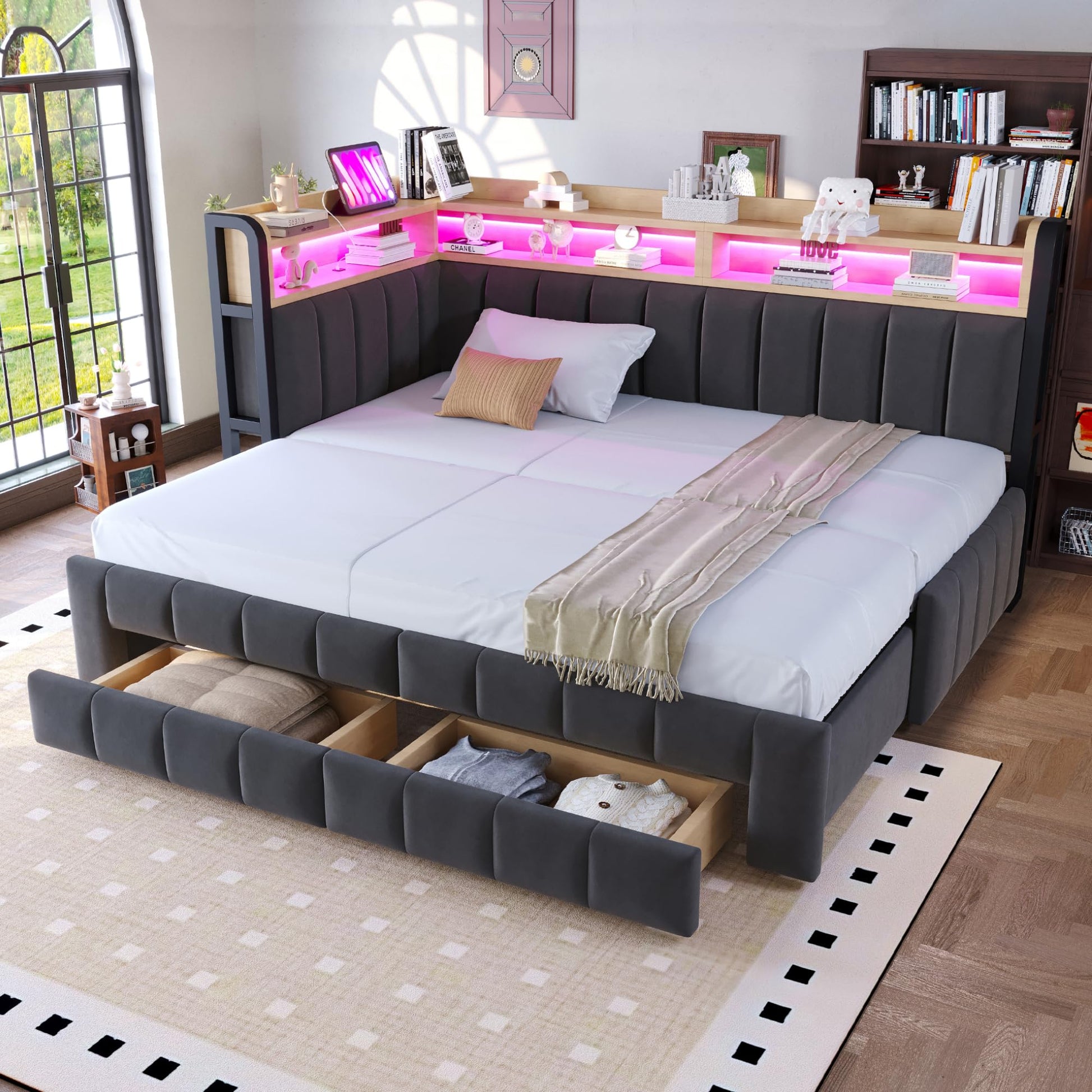 Schlafsofa mit Ausziehfunktion, Beige, 90/180×200 cm | LED-Beleuchtung, USB- und Typ-C-Anschlüssen, Multifunktional Stauraum(Ohne Matratze)