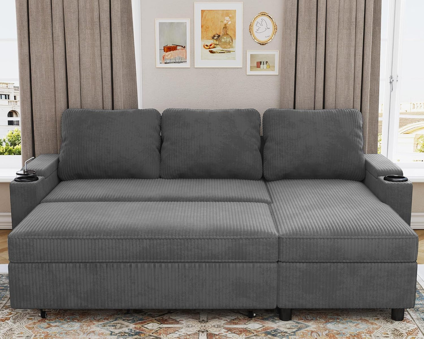 Devoko Ecksofa mit Schlaffunktion und Bettkasten L-Form Sofa 3-Sitzer Ausziehbares Schlafsofa Leinen Couch Kleines Schlafcouch für Wohnung und Wohnzimmer, Grau