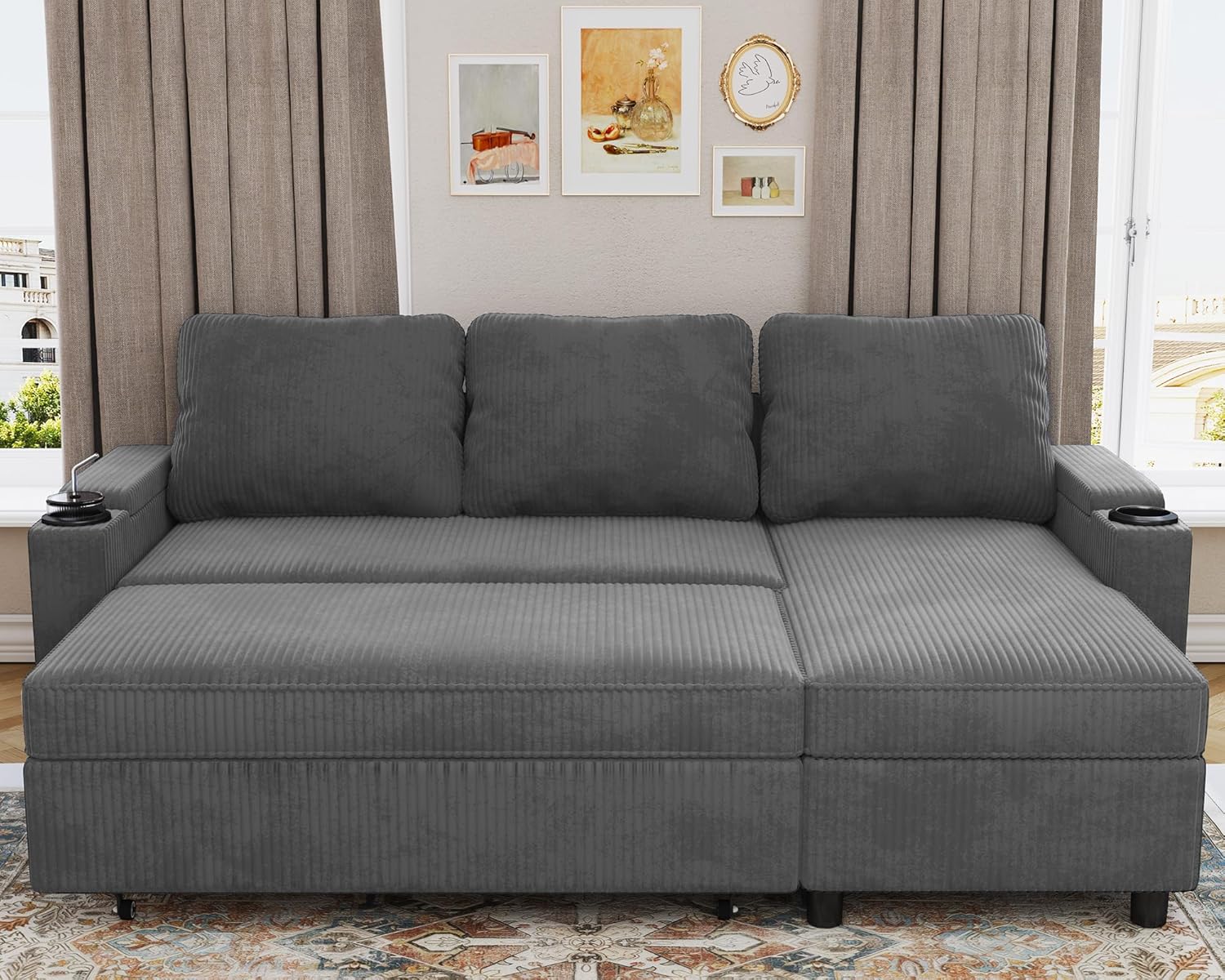 Devoko Ecksofa mit Schlaffunktion und Bettkasten L-Form Sofa 3-Sitzer Ausziehbares Schlafsofa Leinen Couch Kleines Schlafcouch für Wohnung und Wohnzimmer, Grau