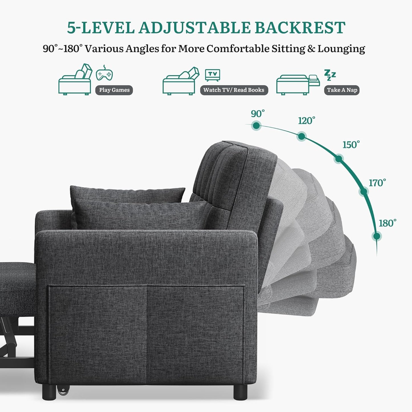 YITAHOME Schlafsofa 3-in-1, 2-Sitzer 5-Stufig 182x136cm Ausziehbar Grau | Sofa mit Schlaffunktion, Wohnzimmer, Stahlrahmen, Liegefläche, 10 cm Polster, 2 Kissen, Seitentaschen, 300 kg belastbar