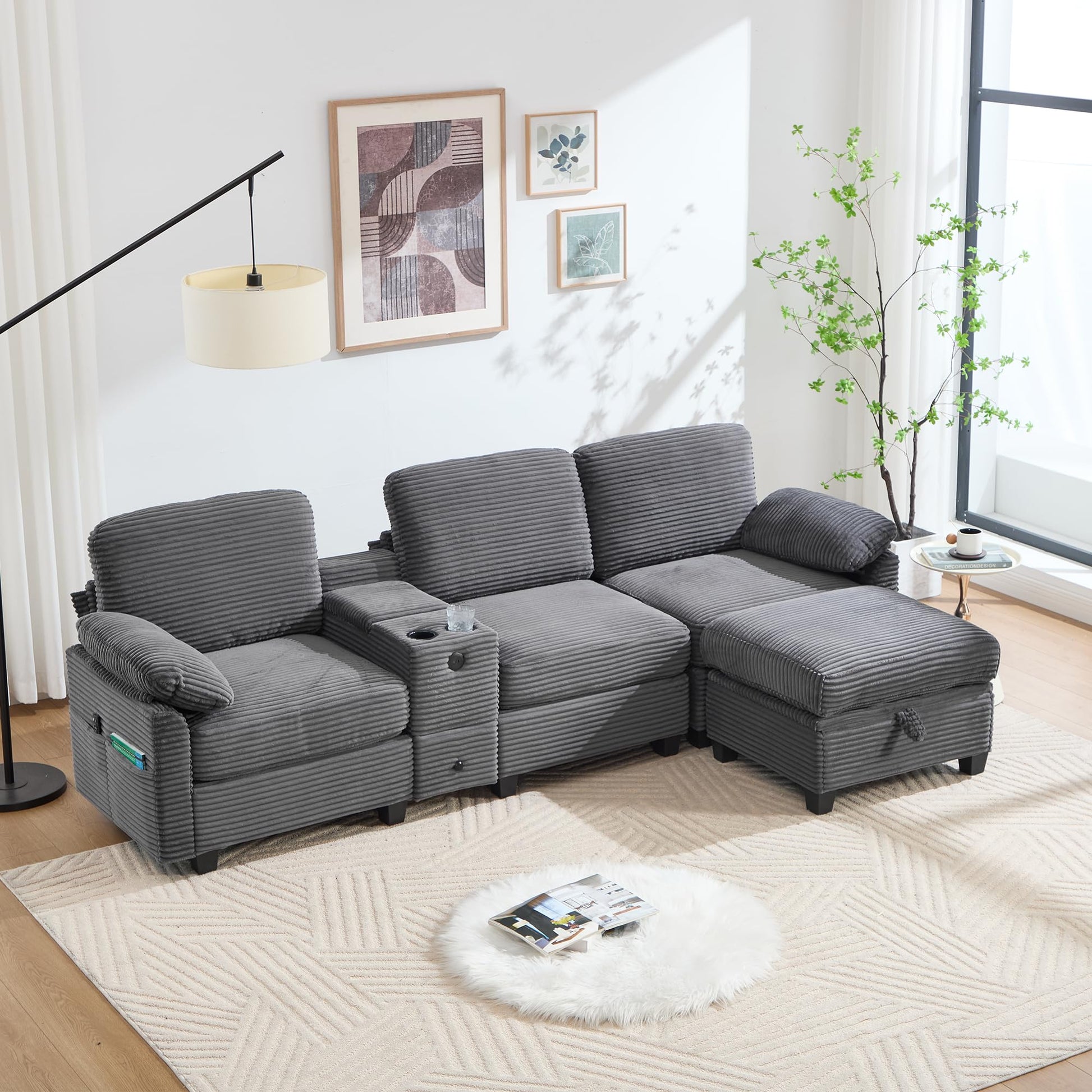 Modulares Sofa mit Bettkasten, Schlafsofa mit Ausziehbett, Mehrfunktionales Schlafcouch mit USB-C, Ambientebeleuchtung, Getränkehaltern Wohlfühlbereiche, für Wohnzimmer, Hellgrau