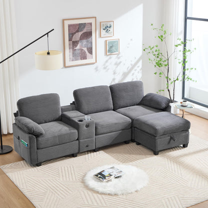 Modulares Sofa mit Bettkasten, Schlafsofa mit Ausziehbett, Mehrfunktionales Schlafcouch mit USB-C, Ambientebeleuchtung, Getränkehaltern Wohlfühlbereiche, für Wohnzimmer, Hellgrau