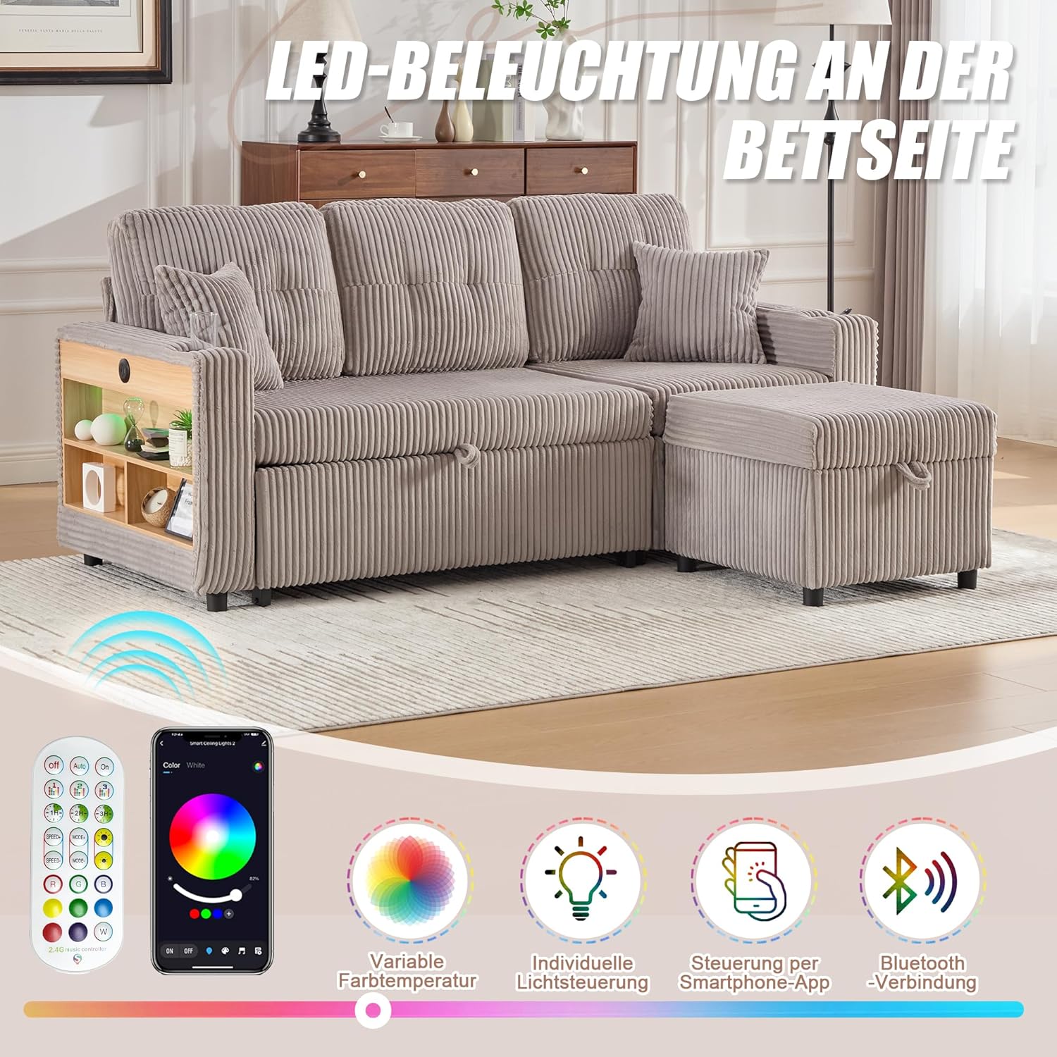 Modulares Sofa mit Bettkasten, Schlafsofa mit Ausziehbett, Mehrfunktionales Schlafcouch mit USB-C, Ambientebeleuchtung, Getränkehaltern Wohlfühlbereiche, für Wohnzimmer, Hellgrau
