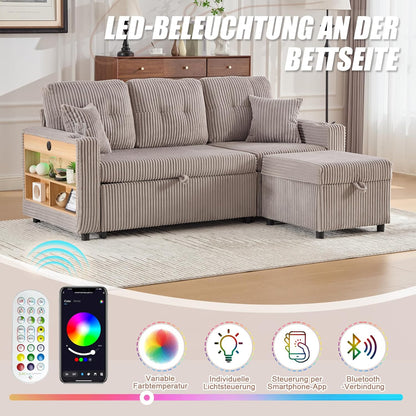 Modulares Sofa mit Bettkasten, Schlafsofa mit Ausziehbett, Mehrfunktionales Schlafcouch mit USB-C, Ambientebeleuchtung, Getränkehaltern Wohlfühlbereiche, für Wohnzimmer, Hellgrau