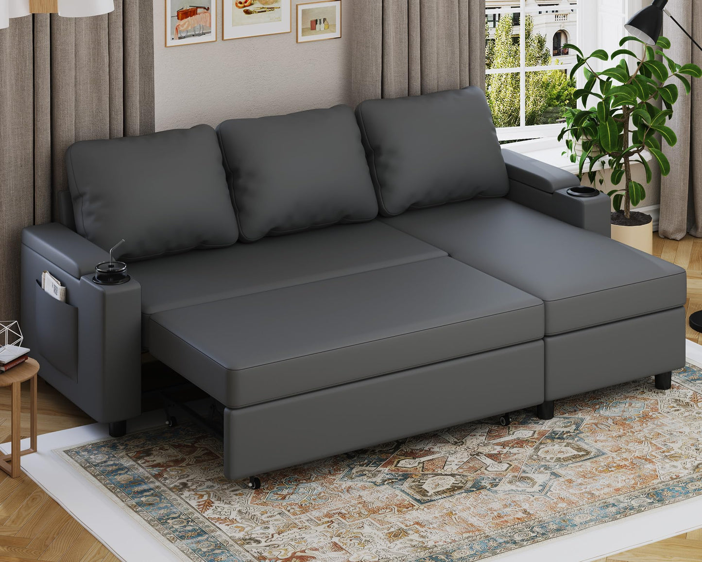 Devoko Ecksofa mit Schlaffunktion und Bettkasten L-Form Sofa 3-Sitzer Ausziehbares Schlafsofa Leinen Couch Kleines Schlafcouch für Wohnung und Wohnzimmer, Grau