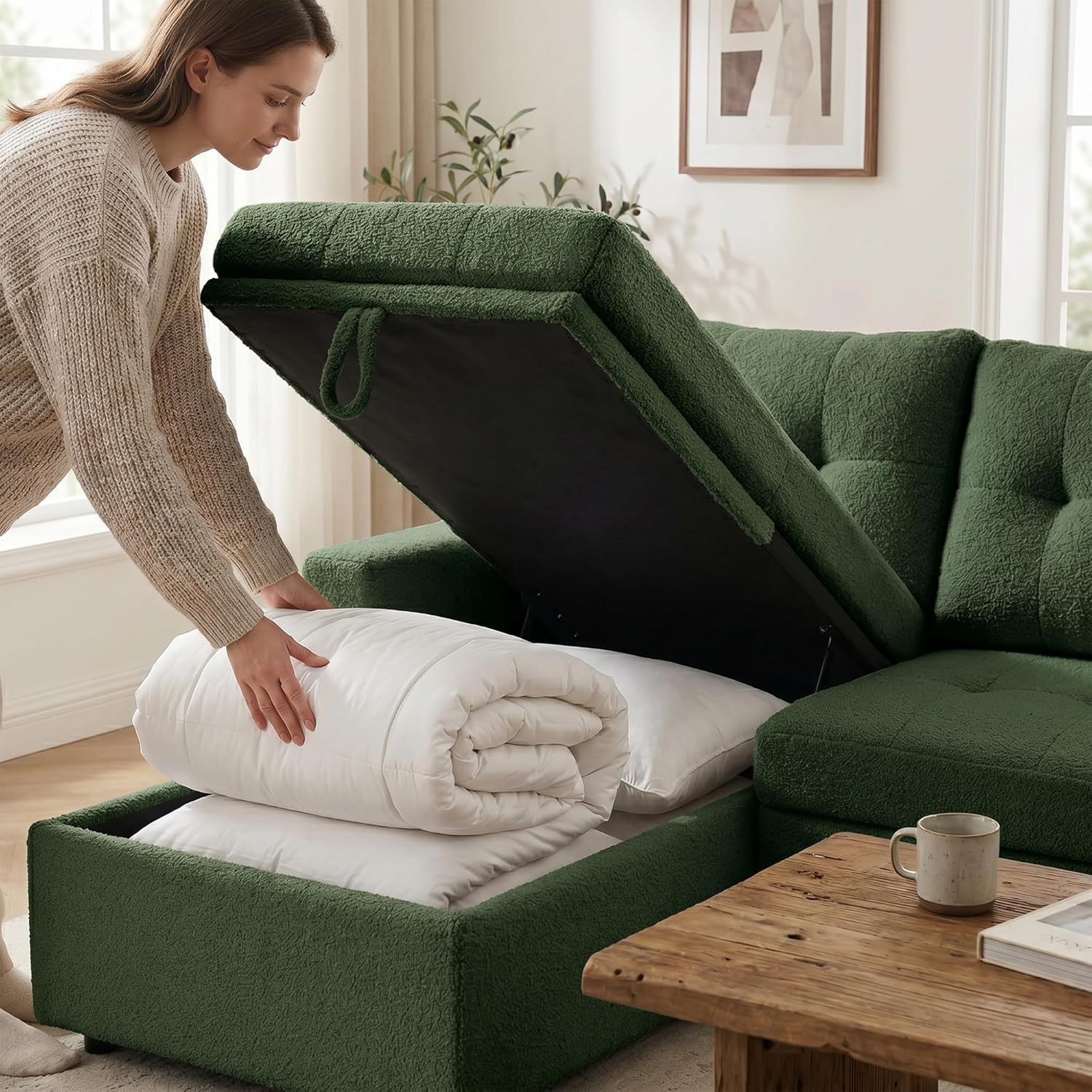 HIPIHOM 3-Sitzer-Sofabett, ausziehbares Schlafsofa mit Stauraum, Ecksofa, Gästebett für kleine Räume, Wohnzimmer, Teddy-Fleece (Dunkelgrün)