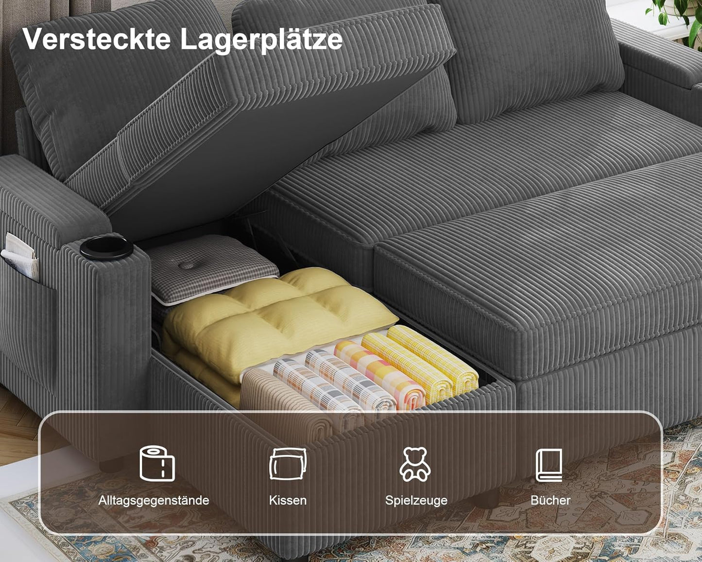 Devoko Ecksofa mit Schlaffunktion und Bettkasten L-Form Sofa 3-Sitzer Ausziehbares Schlafsofa Leinen Couch Kleines Schlafcouch für Wohnung und Wohnzimmer, Grau