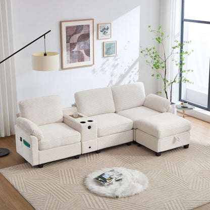 Modulares Sofa mit Bettkasten, Schlafsofa mit Ausziehbett, Mehrfunktionales Schlafcouch mit USB-C, Ambientebeleuchtung, Getränkehaltern Wohlfühlbereiche, für Wohnzimmer, Hellgrau
