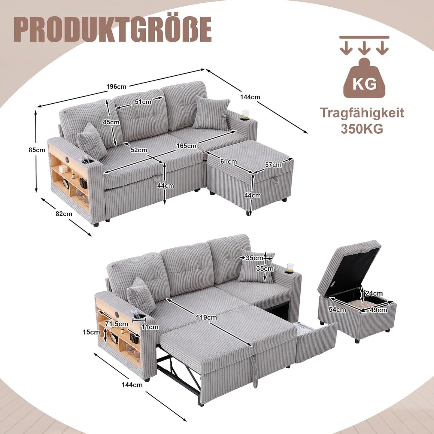 Modulares Sofa mit Bettkasten, Schlafsofa mit Ausziehbett, Mehrfunktionales Schlafcouch mit USB-C, Ambientebeleuchtung, Getränkehaltern Wohlfühlbereiche, für Wohnzimmer, Hellgrau