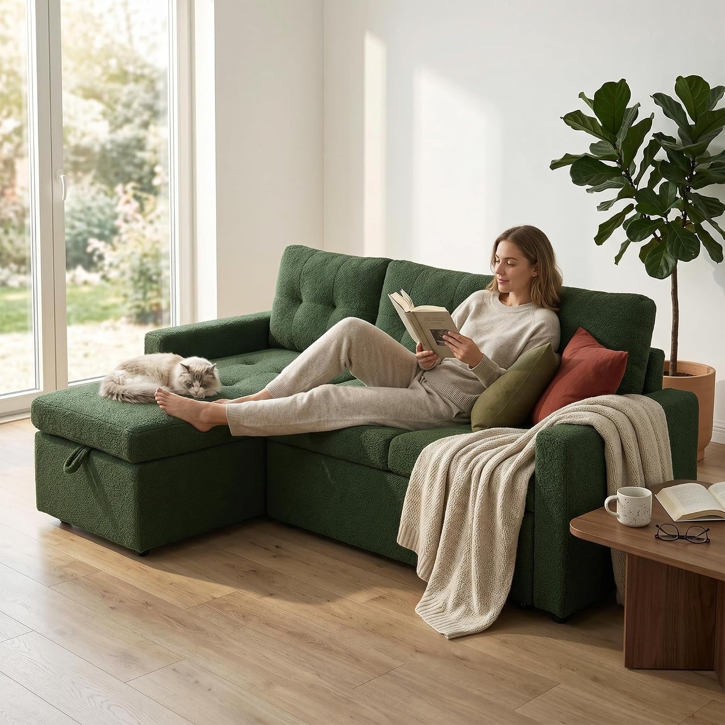 HIPIHOM 3-Sitzer-Sofabett, ausziehbares Schlafsofa mit Stauraum, Ecksofa, Gästebett für kleine Räume, Wohnzimmer, Teddy-Fleece (Dunkelgrün)