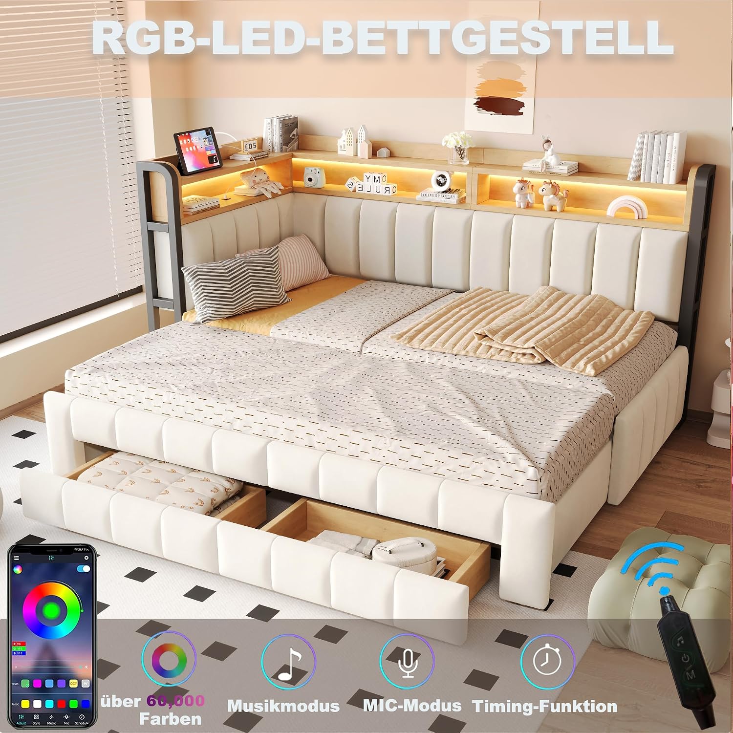 Schlafsofa mit Ausziehfunktion, Beige, 90/180×200 cm | LED-Beleuchtung, USB- und Typ-C-Anschlüssen, Multifunktional Stauraum(Ohne Matratze)