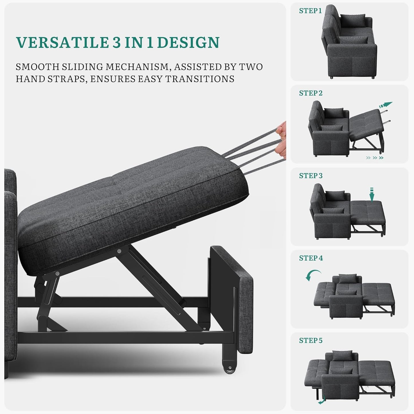 YITAHOME Schlafsofa 3-in-1, 2-Sitzer 5-Stufig 182x136cm Ausziehbar Grau | Sofa mit Schlaffunktion, Wohnzimmer, Stahlrahmen, Liegefläche, 10 cm Polster, 2 Kissen, Seitentaschen, 300 kg belastbar