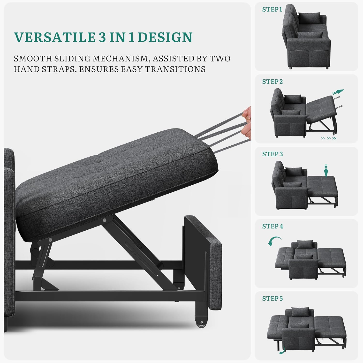 YITAHOME Schlafsofa 3-in-1, 2-Sitzer 5-Stufig 182x136cm Ausziehbar Grau | Sofa mit Schlaffunktion, Wohnzimmer, Stahlrahmen, Liegefläche, 10 cm Polster, 2 Kissen, Seitentaschen, 300 kg belastbar
