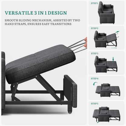 YITAHOME Schlafsofa 3-in-1, 2-Sitzer 5-Stufig 182x136cm Ausziehbar Grau | Sofa mit Schlaffunktion, Wohnzimmer, Stahlrahmen, Liegefläche, 10 cm Polster, 2 Kissen, Seitentaschen, 300 kg belastbar