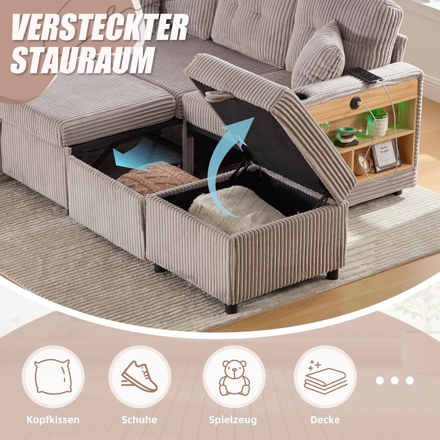 Modulares Sofa mit Bettkasten, Schlafsofa mit Ausziehbett, Mehrfunktionales Schlafcouch mit USB-C, Ambientebeleuchtung, Getränkehaltern Wohlfühlbereiche, für Wohnzimmer, Hellgrau