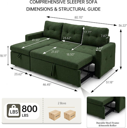 HIPIHOM 3-Sitzer-Sofabett, ausziehbares Schlafsofa mit Stauraum, Ecksofa, Gästebett für kleine Räume, Wohnzimmer, Teddy-Fleece (Dunkelgrün)
