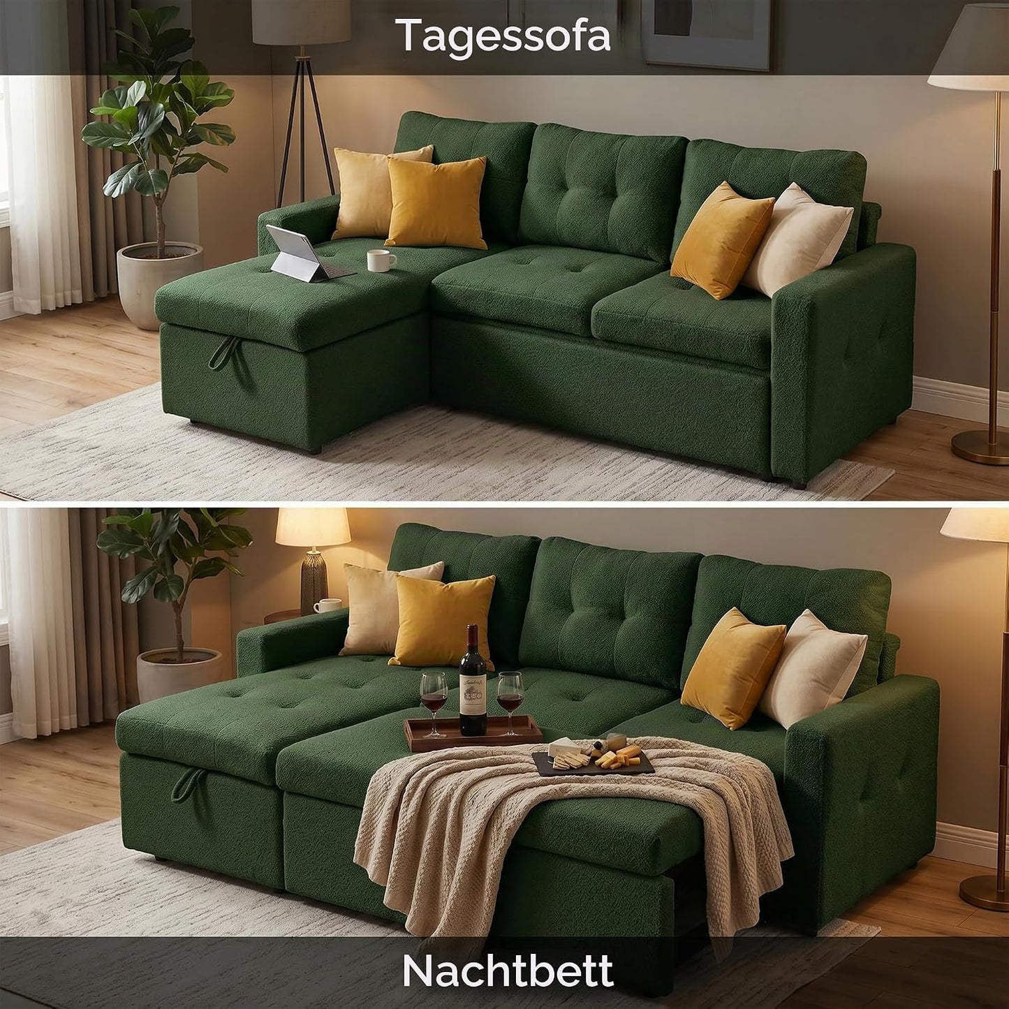 HIPIHOM 3-Sitzer-Sofabett, ausziehbares Schlafsofa mit Stauraum, Ecksofa, Gästebett für kleine Räume, Wohnzimmer, Teddy-Fleece (Dunkelgrün)