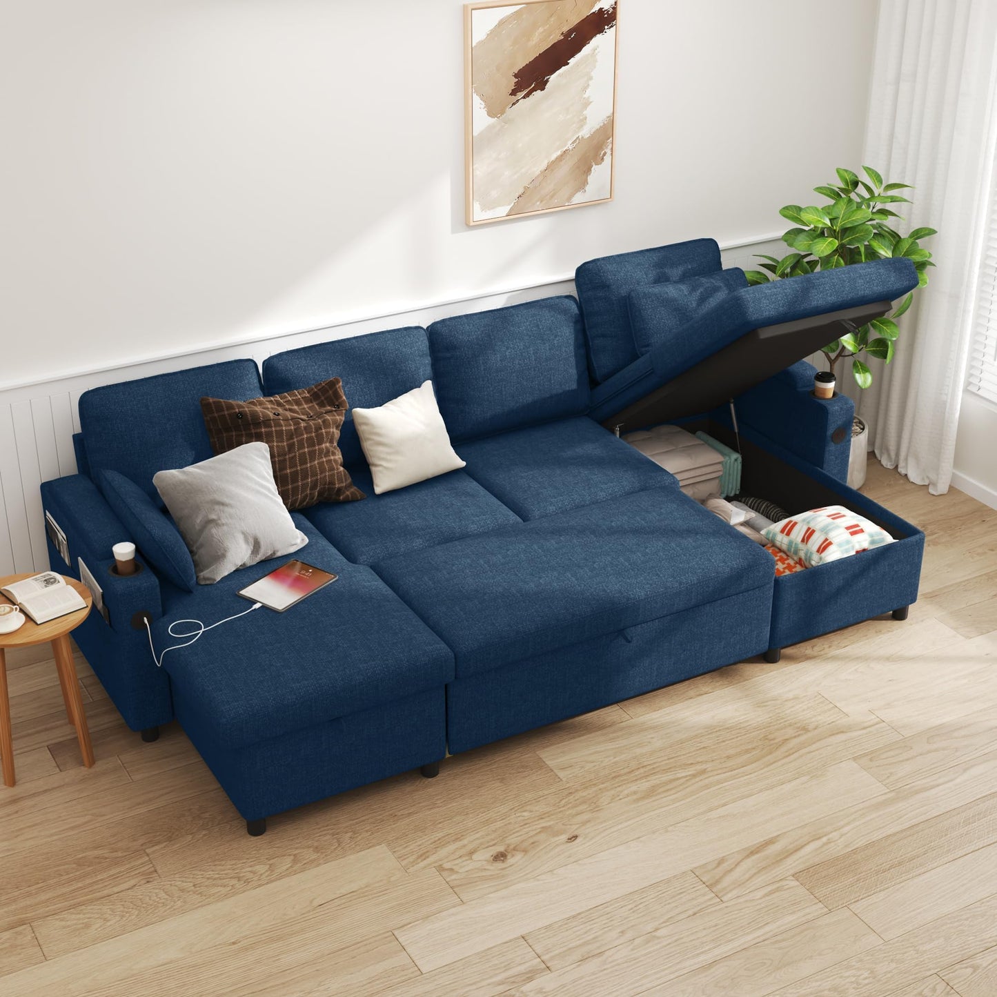 DURASPACE Schlafsofa Ausziehbarer 2 in 1 Sektional Schlafsofa Couches | Mit Lagerung, USB, Cup Holder, Pullout Sektional Couches für Wohnung Wohnzimmer (Blau)